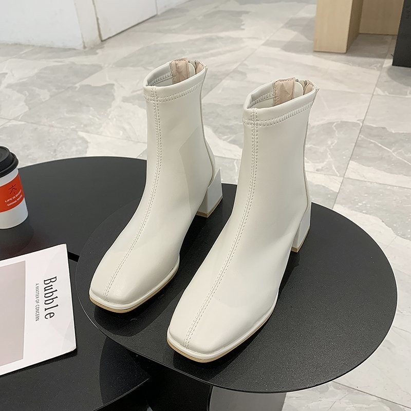 Small square head thick heel ankle boot with small fragrant breeze bare boot soft leather Martin boot