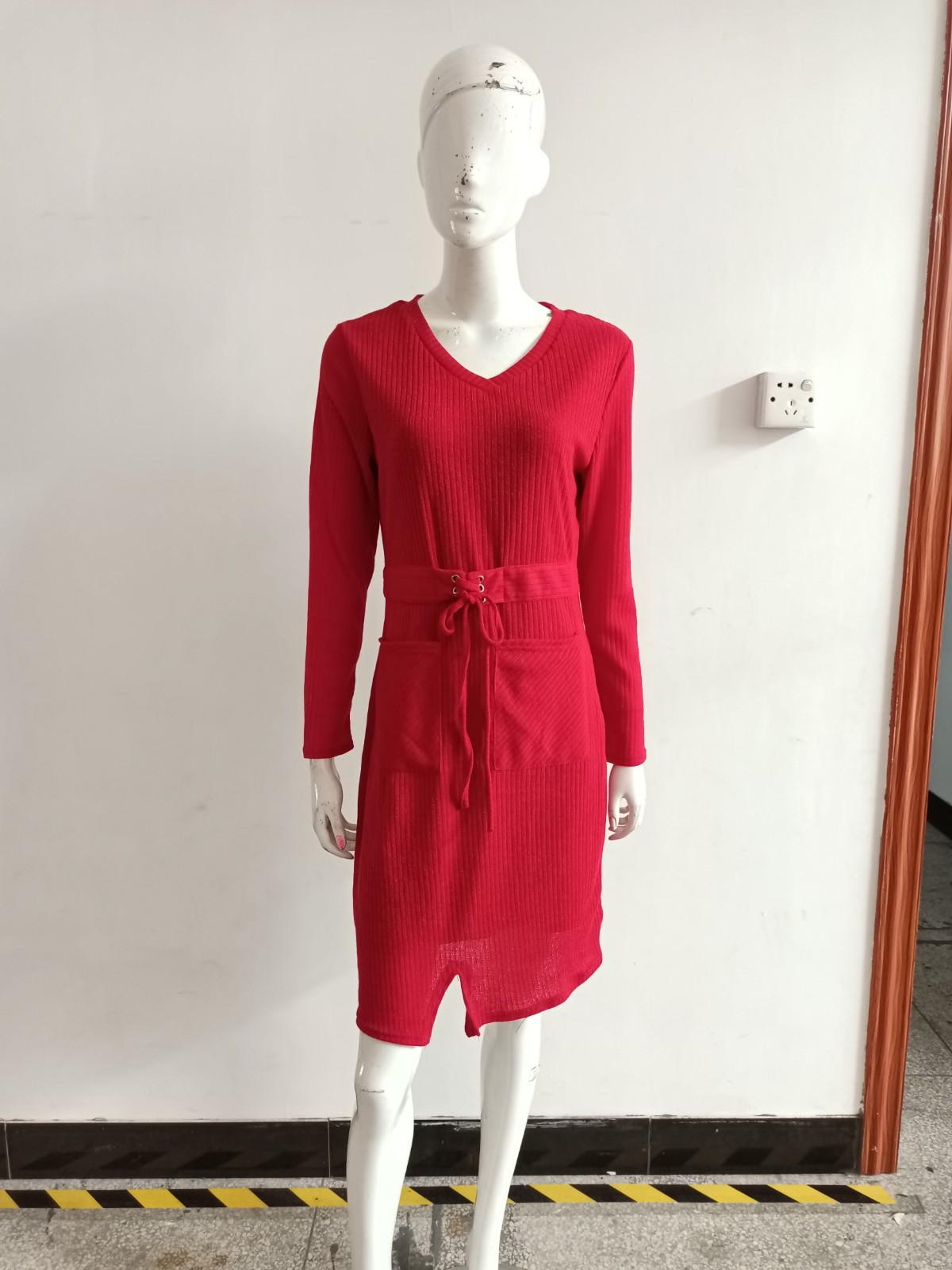 Ladies fall v-neck long sleeve solid color formal slim fashion elegant knit dress