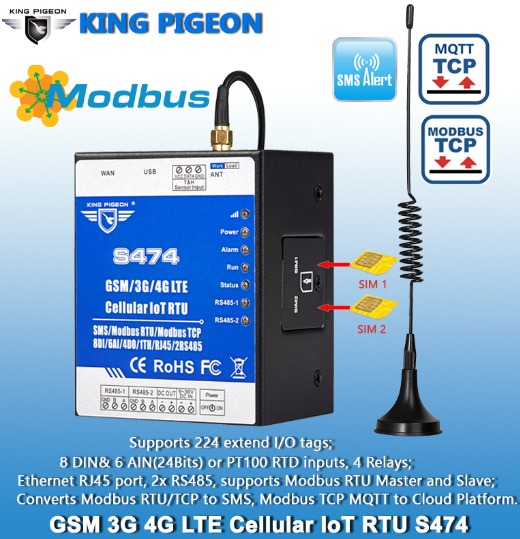 S474 Dual-Sim Cellular IoT RTU (8DIN,6AIN/PT100,4Relay,1TH,USB,2 RS485,224 Extend I/O tags)