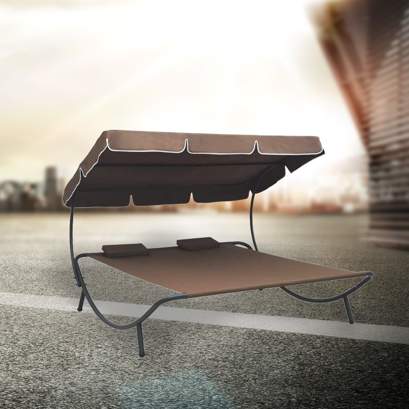 Outdoor Lounge Bed with Canopy and Headrest Pillow, Patio Sunbed Hammock Lounger, Brown
