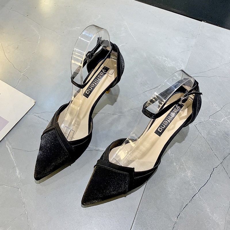 The new 2020 spring, summer, foreign trade women's shoes, lady pointed satin heels color matching baotou heel sandals