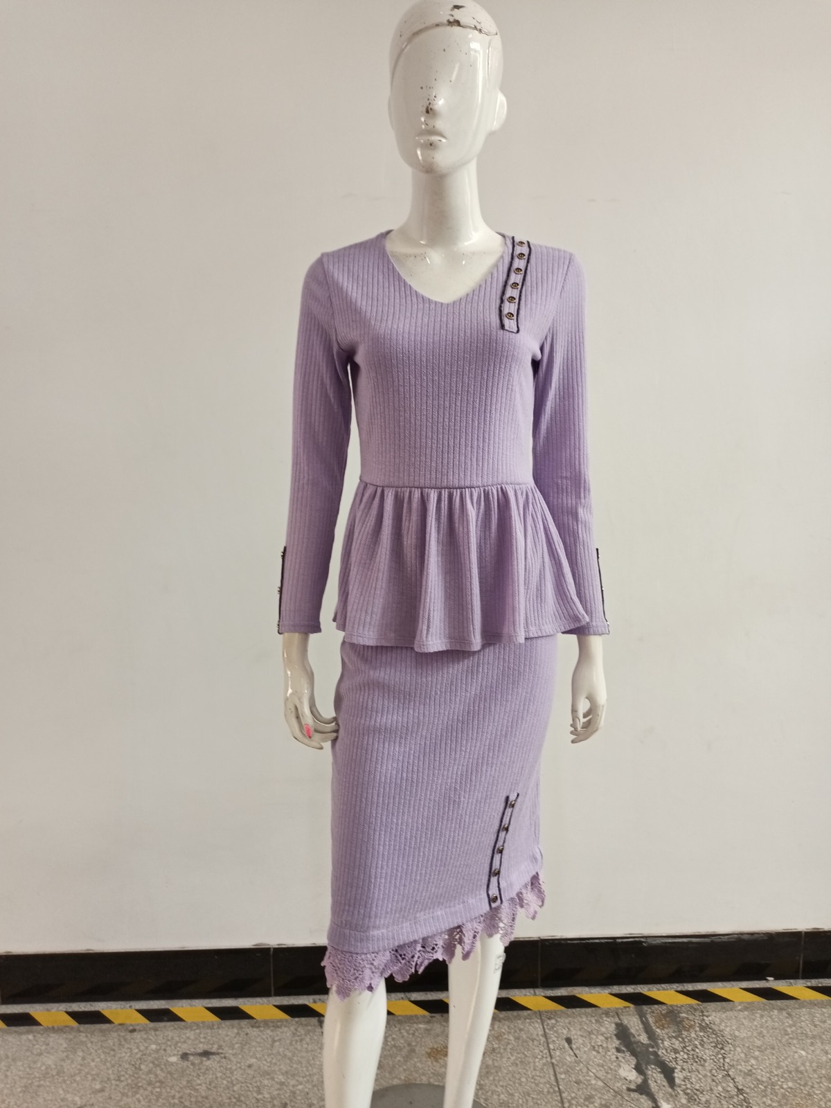 Ladies fall v-neck long sleeve solid color formal slim fashion elegant knit two-piece dress