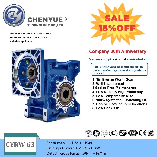 CHENYUE High Torque Worm Gearbox CYRW 63 Input 14/19/22/24mm Output 25mm Ratio 5:1/100:1
