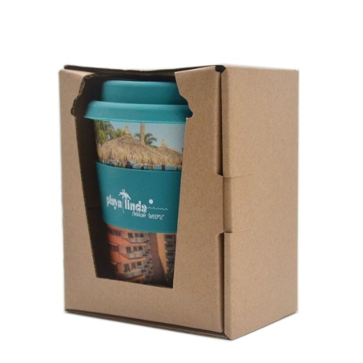 BPA free OEM Bamboo reusable with silicone lid and band coffee cup to go