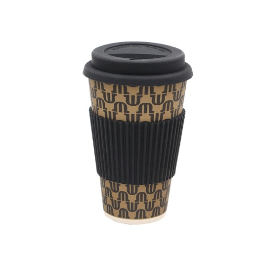 Eco friendly BPA free bamboo fibre reusable 400ml 14oz travel mug with lid silicone protective