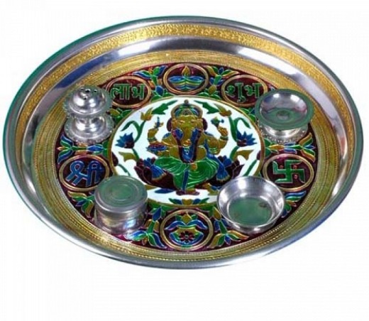 Ganesh Design Meenakari  Steel Pooja Dish