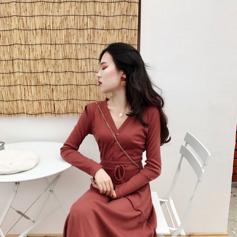 European station temperamental feminine dress 2020 autumn new style waist band over the knee high cold goddess dress