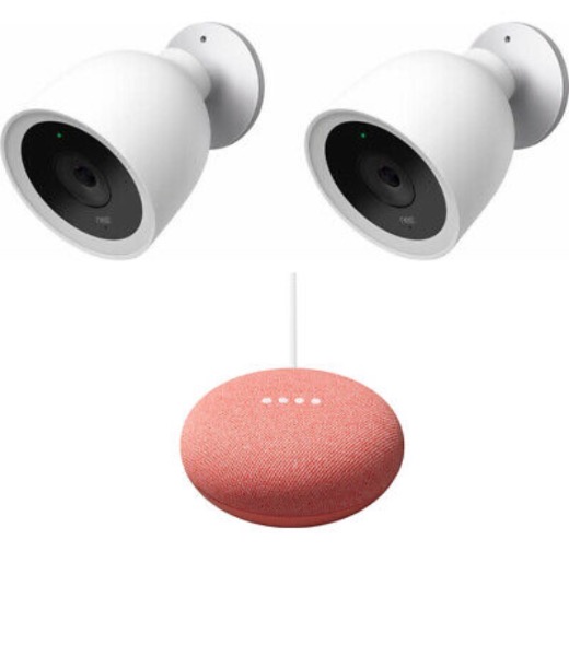 Google Nest IQ Wired Outdoor Security Camera 2 Pack + Mini Smart Speaker