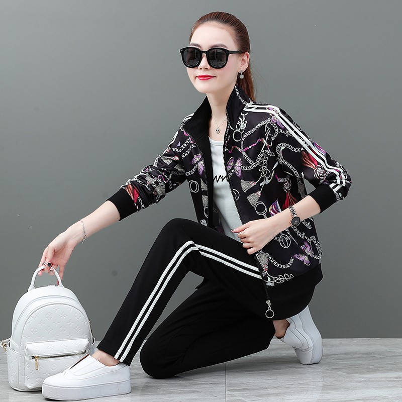 Western fashion new leisure sports women stand collar cloth three - piece set