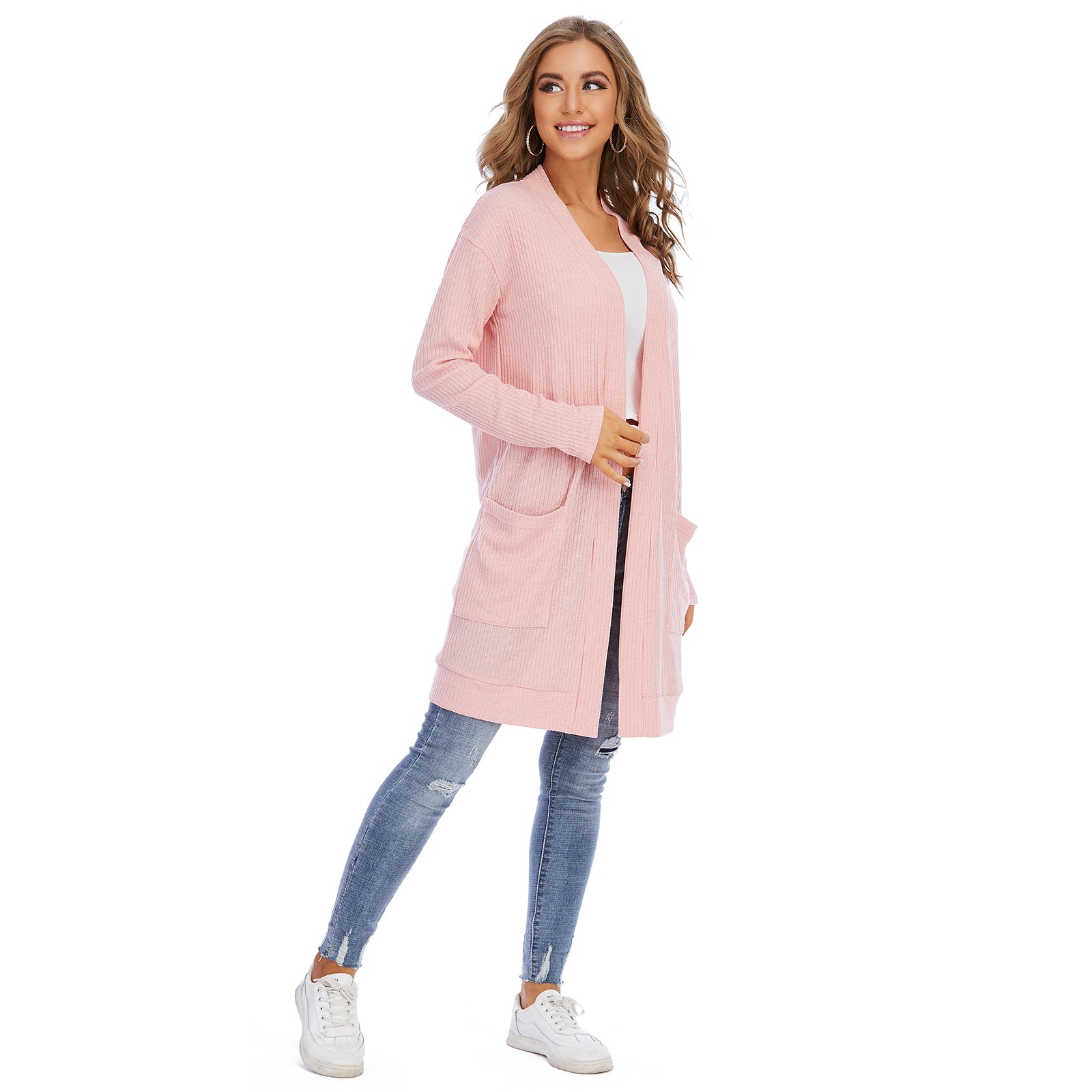 Ladies fall long - sleeved long plain - coloured belt pocket knit cardigan