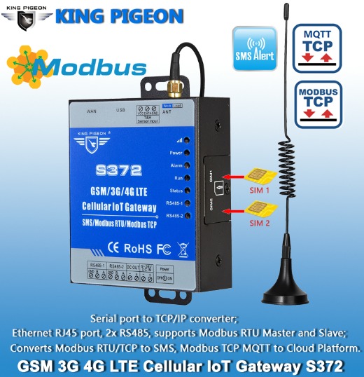 S372 Dual-Sim Cellular IoT Gateway (Cellular DTU, 2 RS485,2 Simcard, Ethernet)