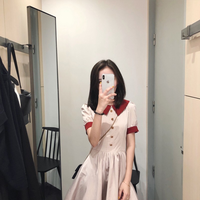 Plus-size French waist retro red doll collared skirt Heimen style can be sweet salt short dress women summer