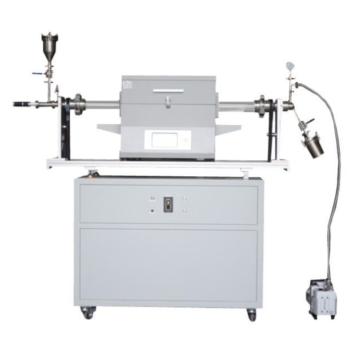 Three-zone rotary tube furnace with continuous powder feeding and receiving system