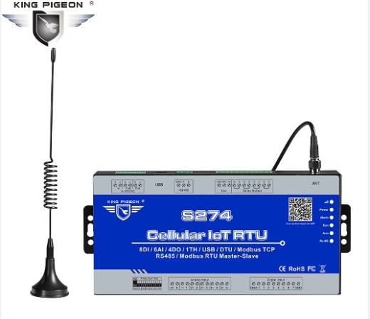 S274 Cellular IoT Modbus RTU (8DIN,6AIN/PT100,4Relay,1TH,USB,RS485,224 Extend I/O tags)