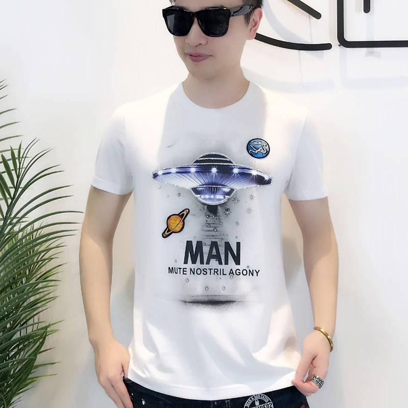 European station men's polo shirts popular logo printed hot diamond embroidered labeled cotton t-shirts new slim men short sleeves