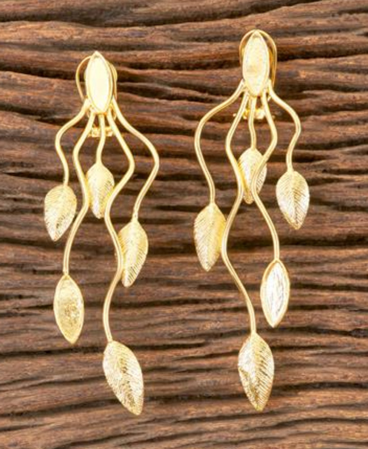 Long Leaf Design Earrings with Gold Plating