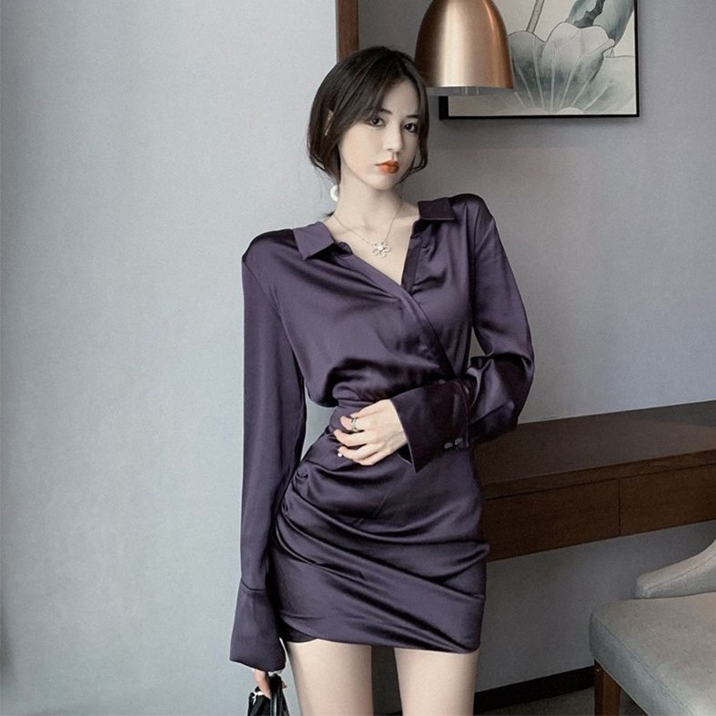 French small fragrance wind heiress temperamentaldress female autumn winter short money waist show thin sexy wrap buttock shirt skirt