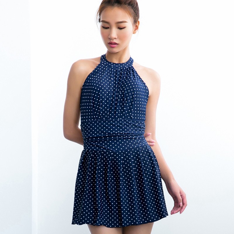 Sisia fashion swimsuit, military blue high-neck swim skirt