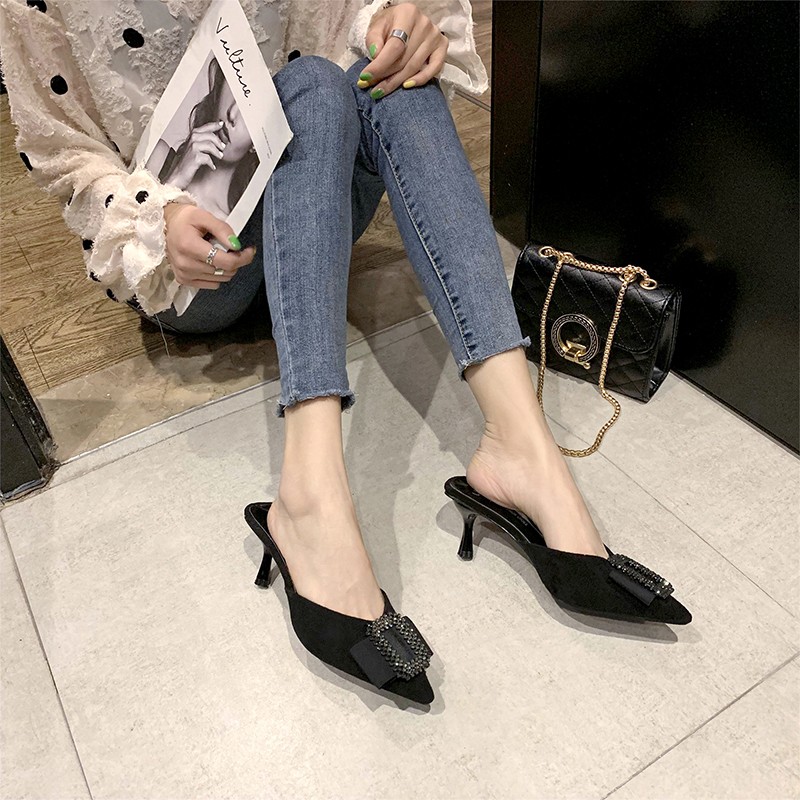 The new Korean version of the pointy baotou suede sandals for women is versatile and comfortable with a square buckle stiletto heel
