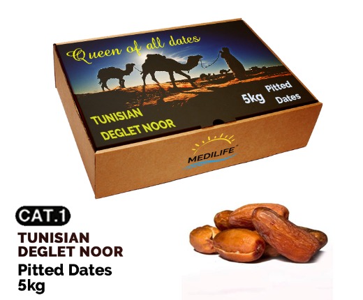 Pitted Dates 5 kg Carton Box, Deglet Noor from Tunisia 