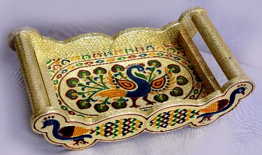 Peacock  Design Golden Meenakari Tray