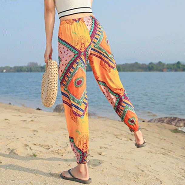 Thin women's trousers summer cotton silk trousers national wind anti-mosquito trousers loose bunched feet Haren sense of adult beach trousers