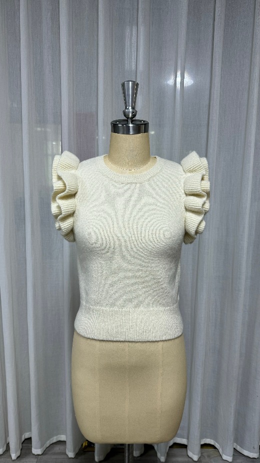 Sweater, knitwear, women's ruffle sleeve vest, round neck, support customization