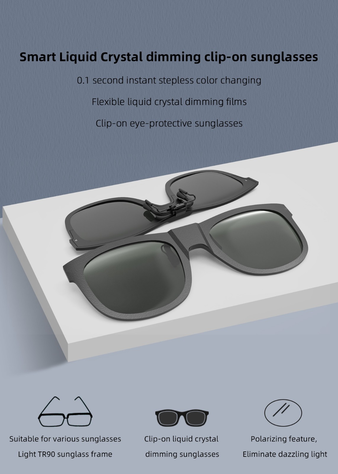 Smart adjustable clip color changing sunglasses