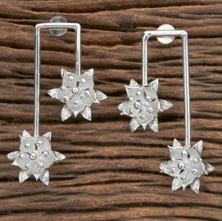 Designer Fashion Long Earrings with Rhodium Plating Silver color